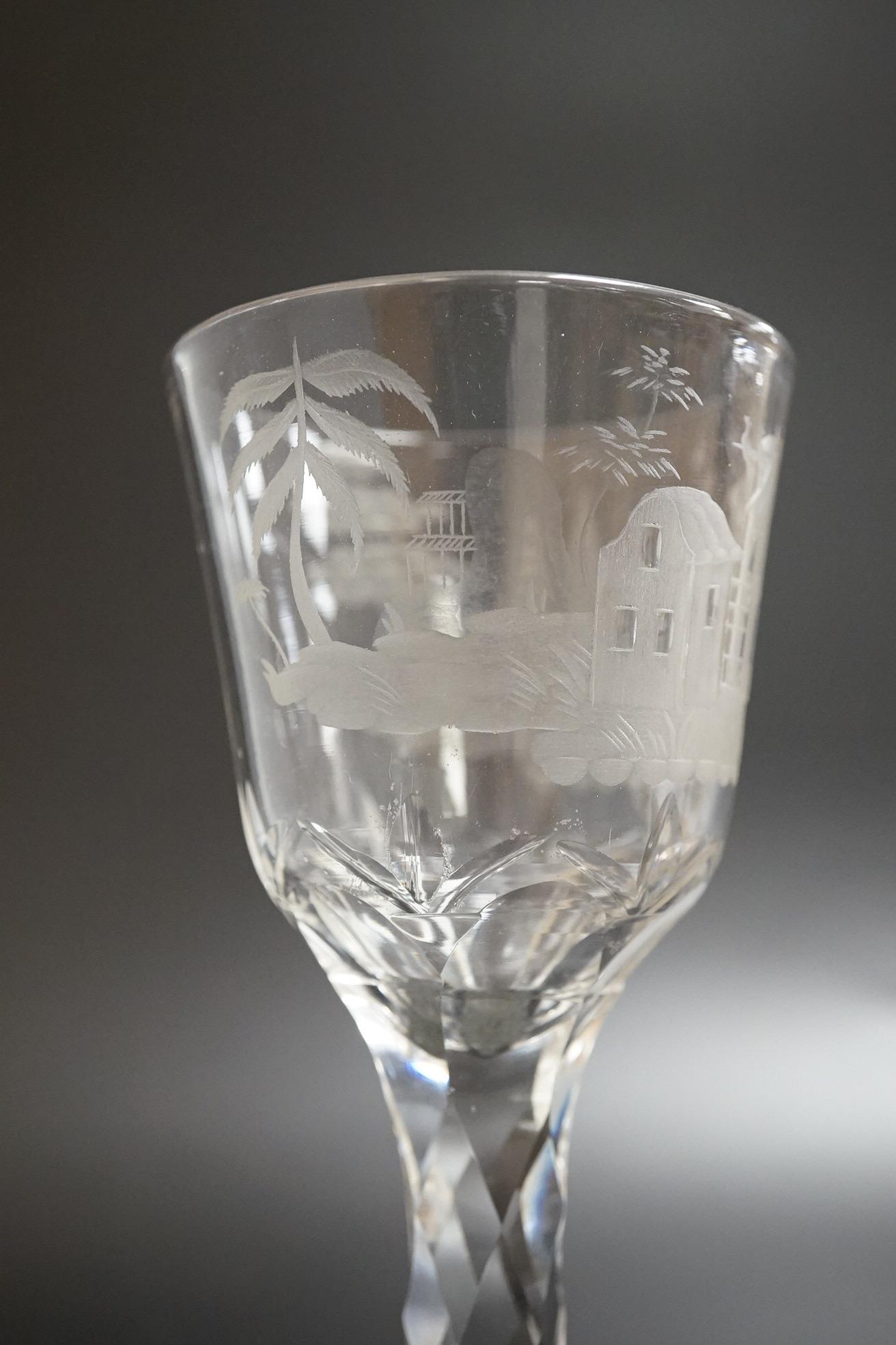 Two faceted wine glasses, c.1780, both with engraved bowls, tallest 15.5cm